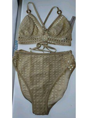 Robin Piccone NWT Crochet Triangle Halter Bikini Set Women's Medium Cream Sand